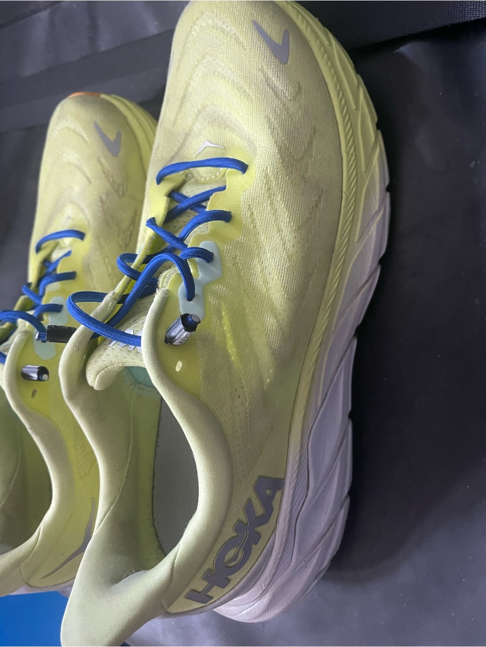 Hoka Lemon-Green Running Shoes with Blue Laces